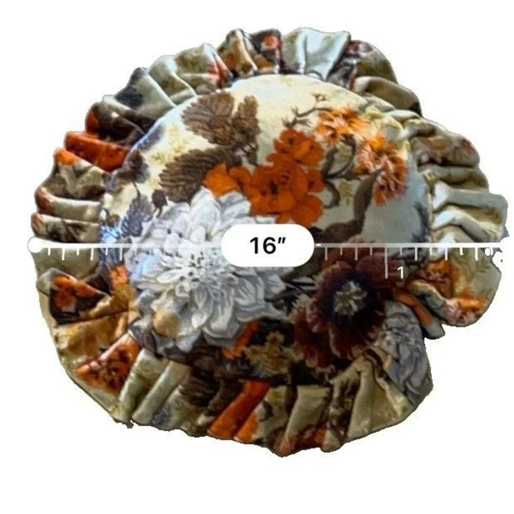 MCM Round Velvet Floral Decorative Pillow 16 in Ruffled Edge Zipper Closure